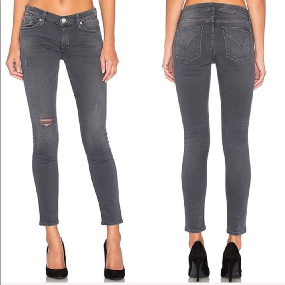 Hudson krista super skinny grey distressed ankle cropped jeans